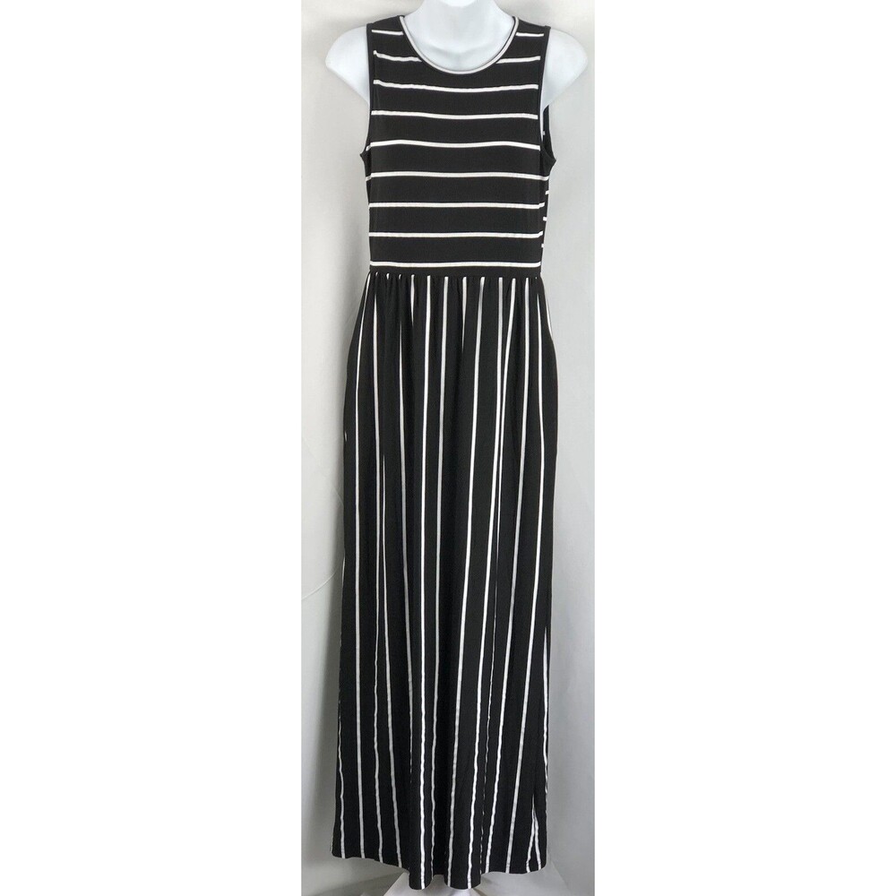 Hount Sleeveless Mayi Dress S Blk/Wht Stripe Scoopneck Boho Hippie Beach Pockets